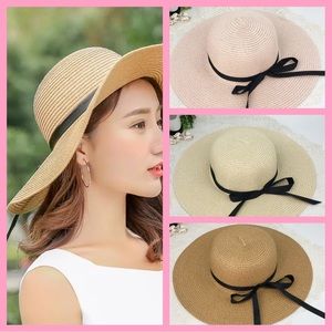 PINK, KHAKI OR NATURAL WIDE BRIM STRAW SUN HATS WITH A BLACK RIBBON-NEW